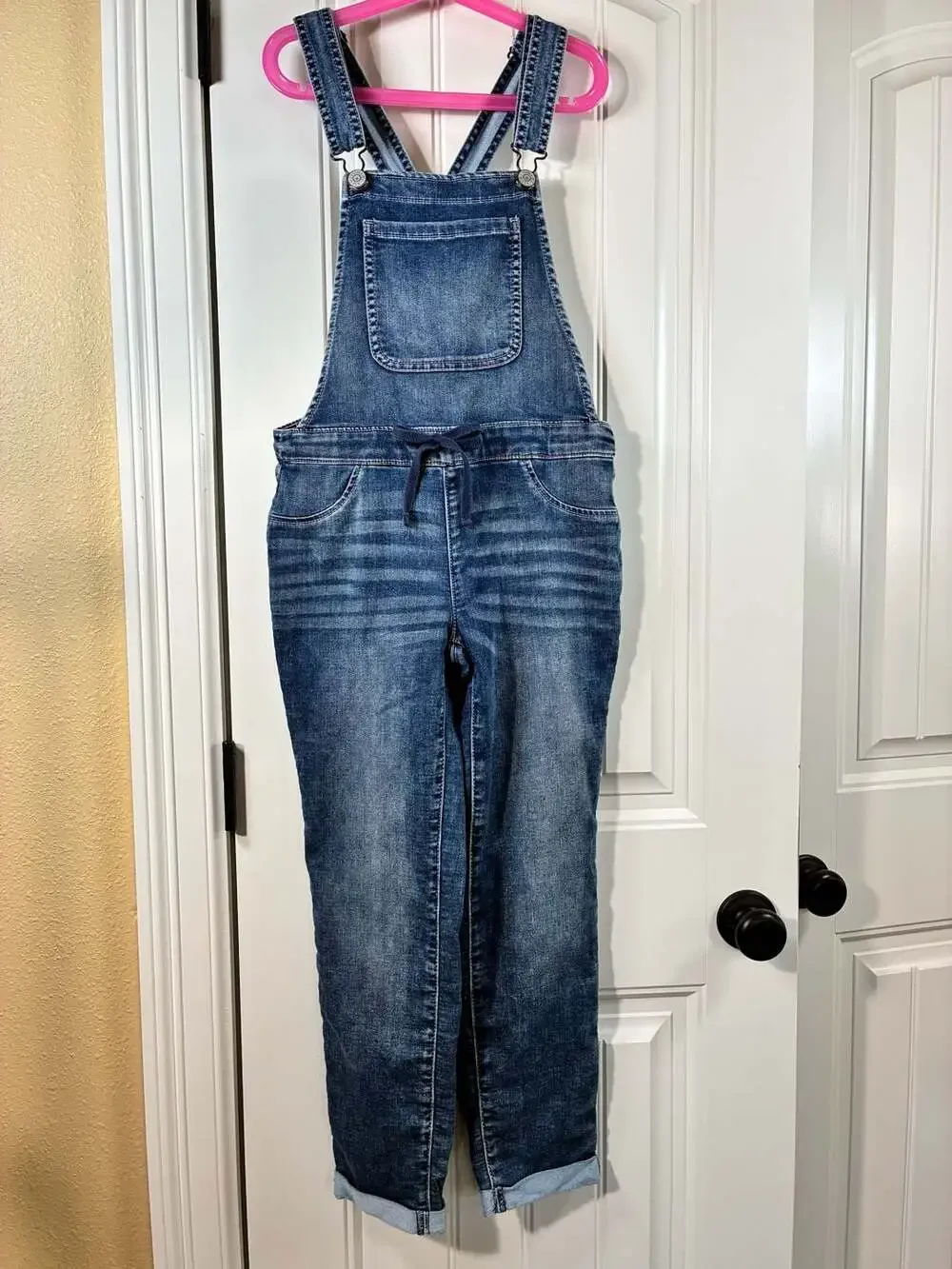 Justice Girls Dark Blue Denim Overalls with Drawstring Waist Size 14